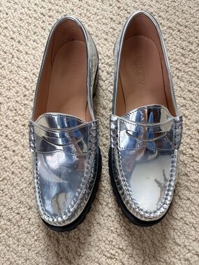 J. Crew Metallic Silver Penny Loafers